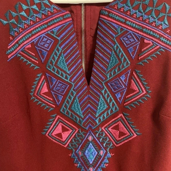 Anthropologie Everly Red Aztec Embroidered Fit & Flare Dress Size Small - Picture 2 of 7